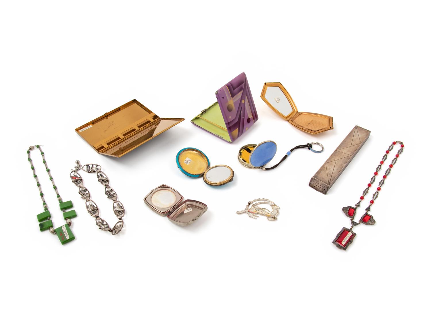 Eleven Pieces of Costume Jewelry, Cosmetics, and Smoking Accessories, 1920-40s