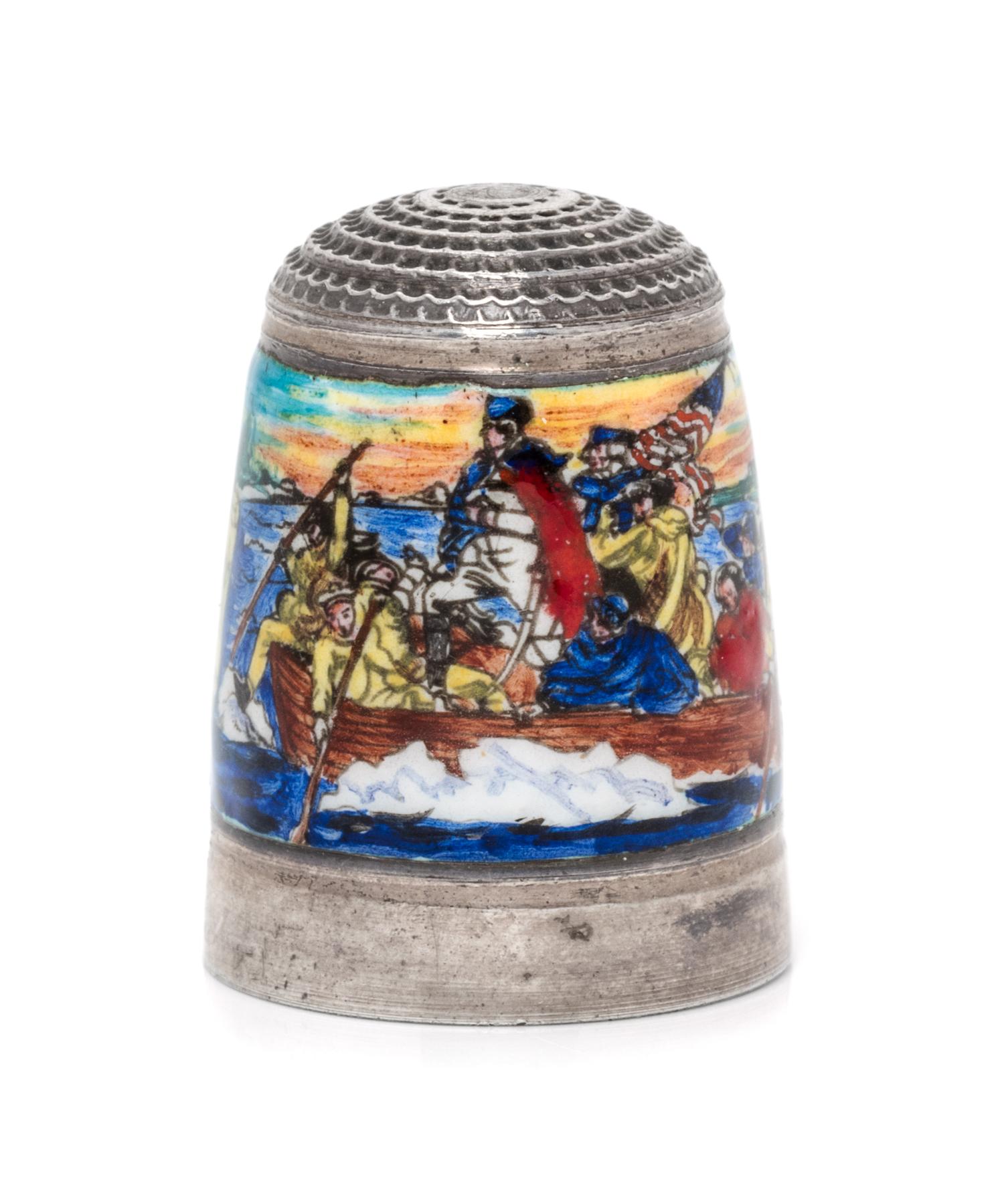 An English Silver and Enamel Thimble, Joseph Swan & Sons, Birmingham, 1973, the knurled top above an enamel body depicting Washington C