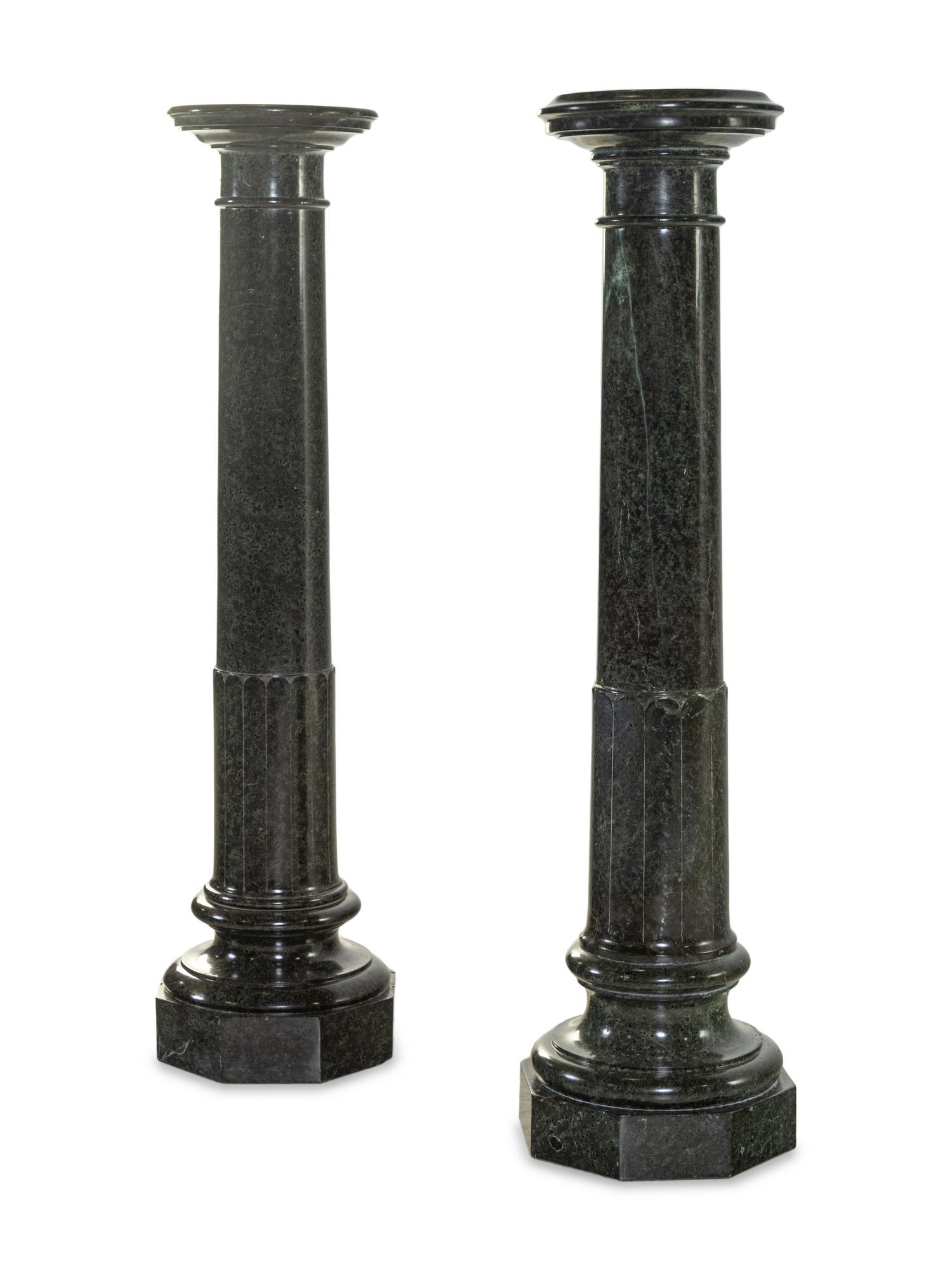 A Pair of Neoclassical Carved Verde Antico Marble Pedestals