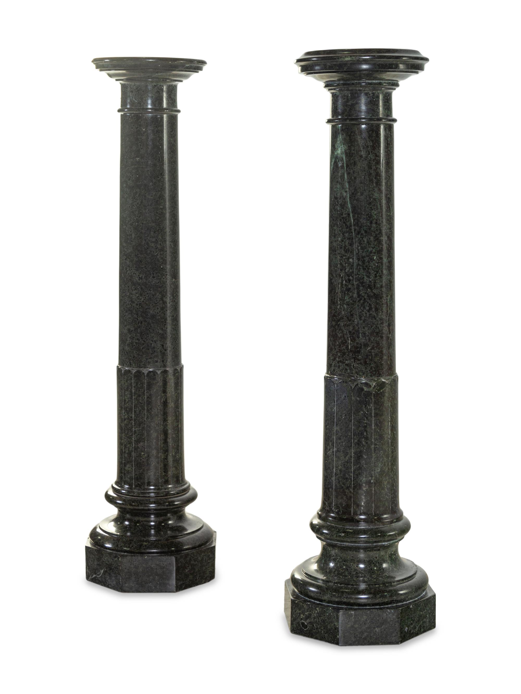 A Pair of Neoclassical Carved Verde Antico Marble Pedestals
