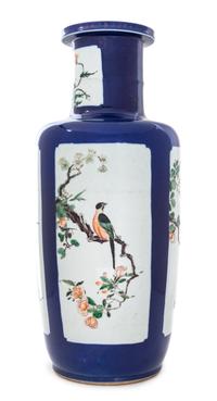 A Famille Verte Powder Blue and Gilt Ground Porcelain Rouleau Vase Height 18 inches. — KANGXI PERIOD (1662-1722)