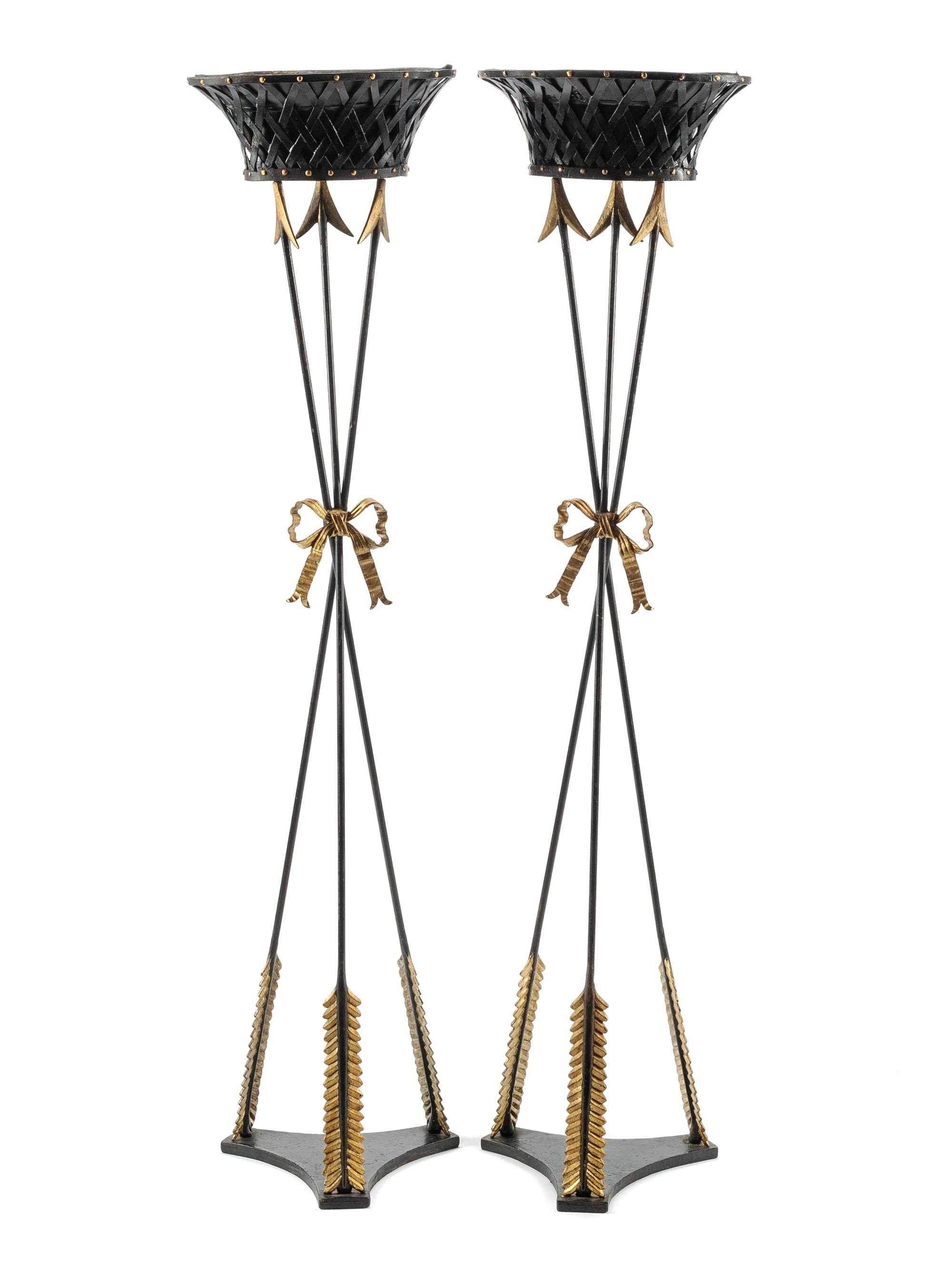 A Pair of French Neoclassical Style Parcel Gilt Iron and Tôle Jardinières