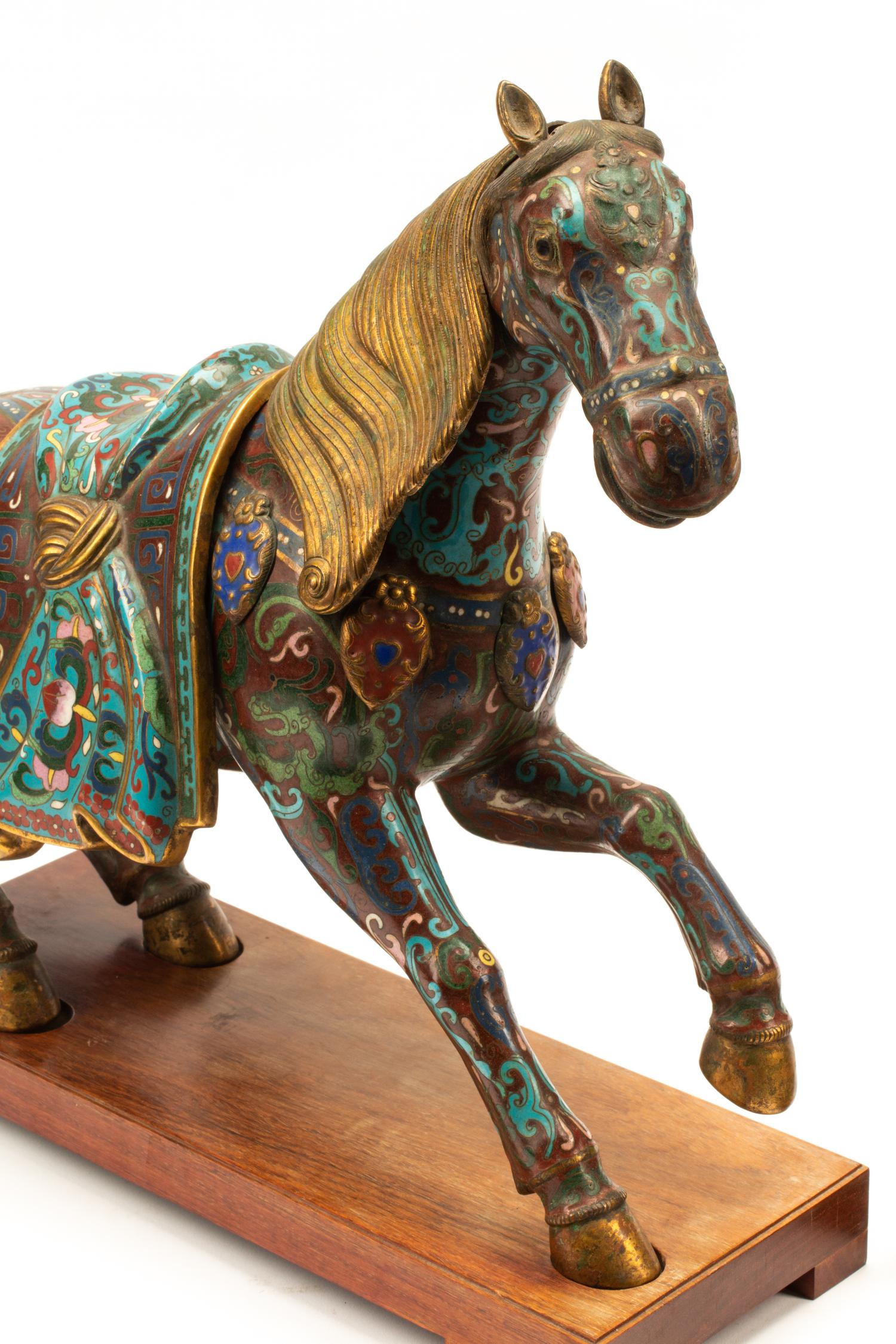 A Pair of Chinese Cloisonné Horses with Wood Stands