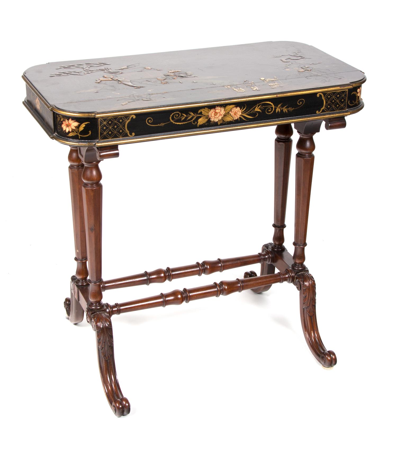 A Regency Style Chinoiserie Lacquered Side Table Height 25 1/2 x width 26 1/4 x depth 14 1/2 inches. — LATE 19TH CENTURY