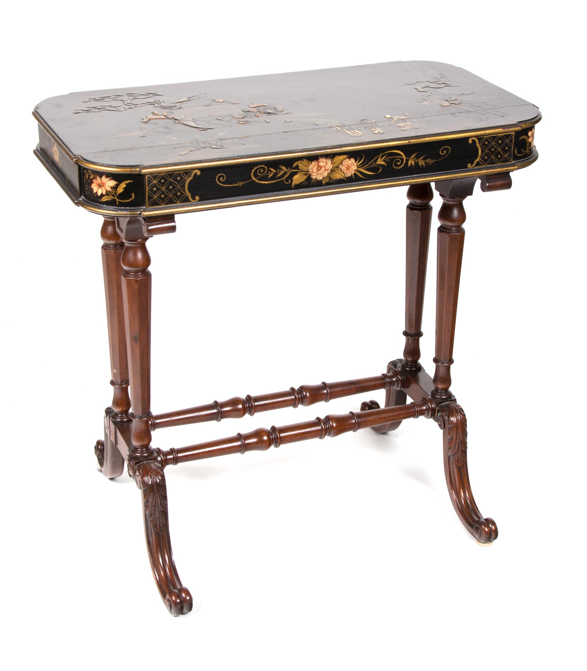 A Regency Style Chinoiserie Lacquered Side Table Height 25 1/2 x width 26 1/4 x depth 14 1/2 inches. — LATE 19TH CENTURY