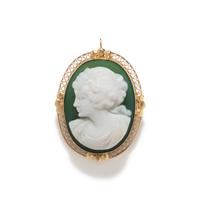 A Victorian Green Glass Cameo Brooch with a Female Portrait Bust