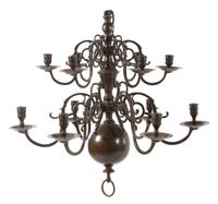 A Dutch Baroque Style Bronzed Metal Twelve-Light Chandelier Height 27 x diameter 26 1/8 inches. — 19TH CENTURY