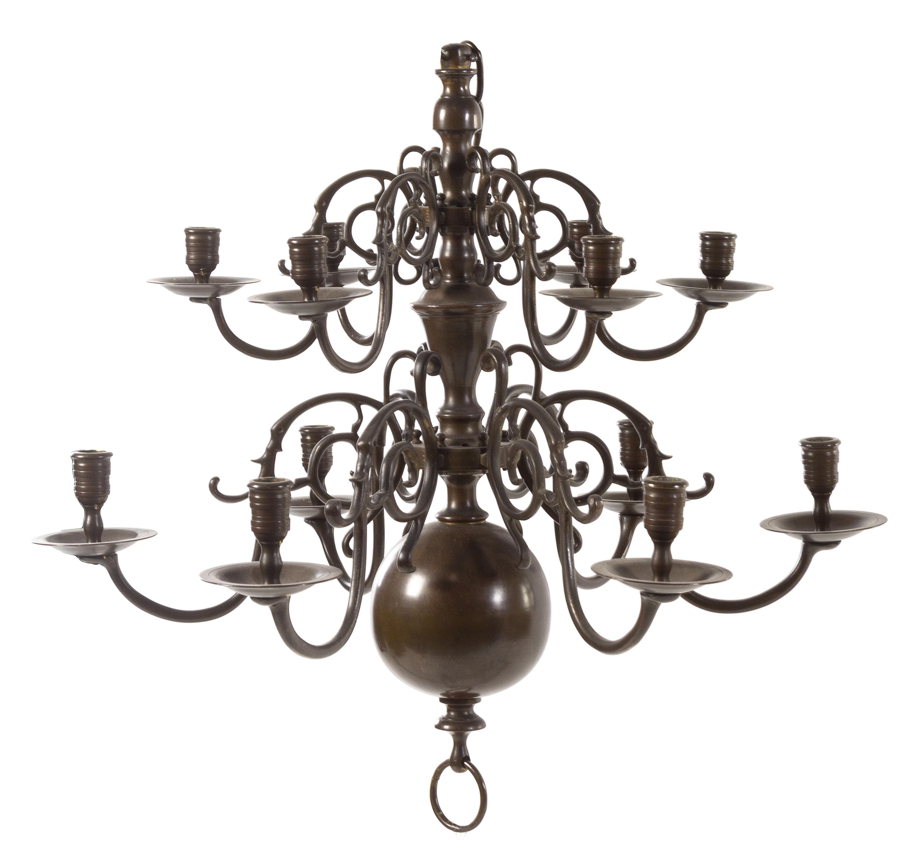 A Dutch Baroque Style Bronzed Metal Twelve-Light Chandelier Height 27 x diameter 26 1/8 inches. — 19TH CENTURY