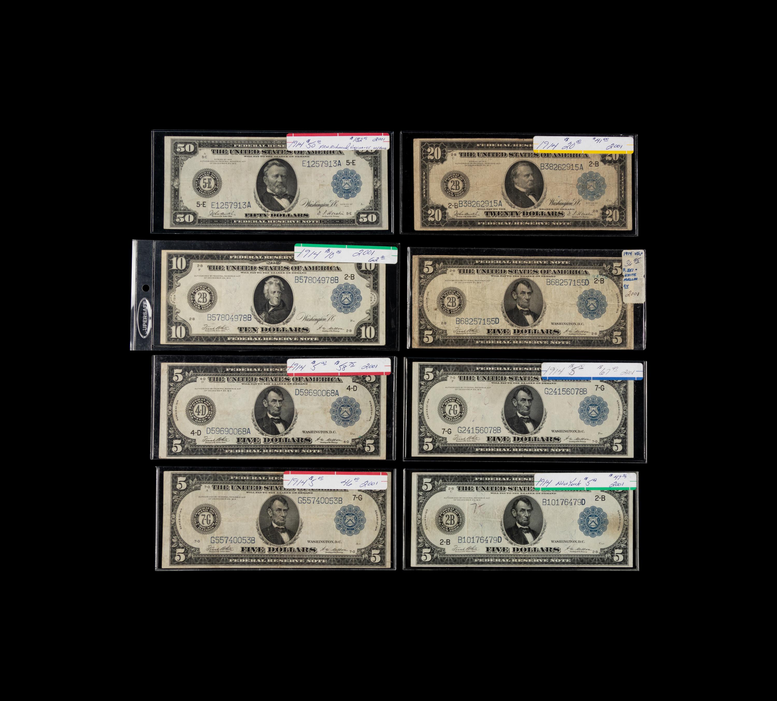 A Collection of Eight Series 1914 Federal Reserve Notes