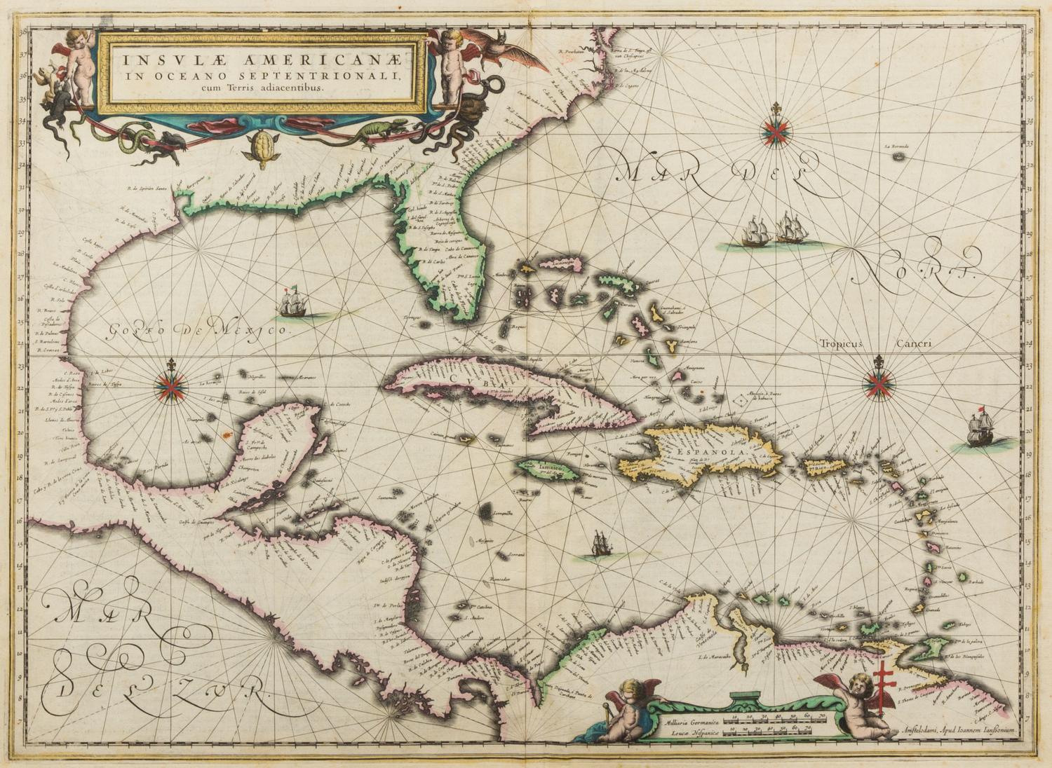 JANSSON, Jan (1588-1664). Insulae Americanae in Oceano Septentrionali cum Terris Adjacentibus. [Amsterdam, ca 1640].