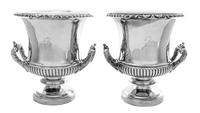 A Pair of English Silverplate Wine Coolers, Matthew Boulton, Sheffield, Early 19th Century, of twin-handled campagna form, the body wit