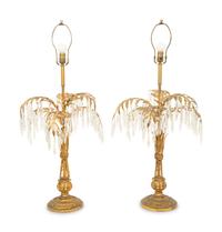 A Pair of Gilt Metal and Giltwood Palm Tree Lamps Hung with Faceted Prisms
