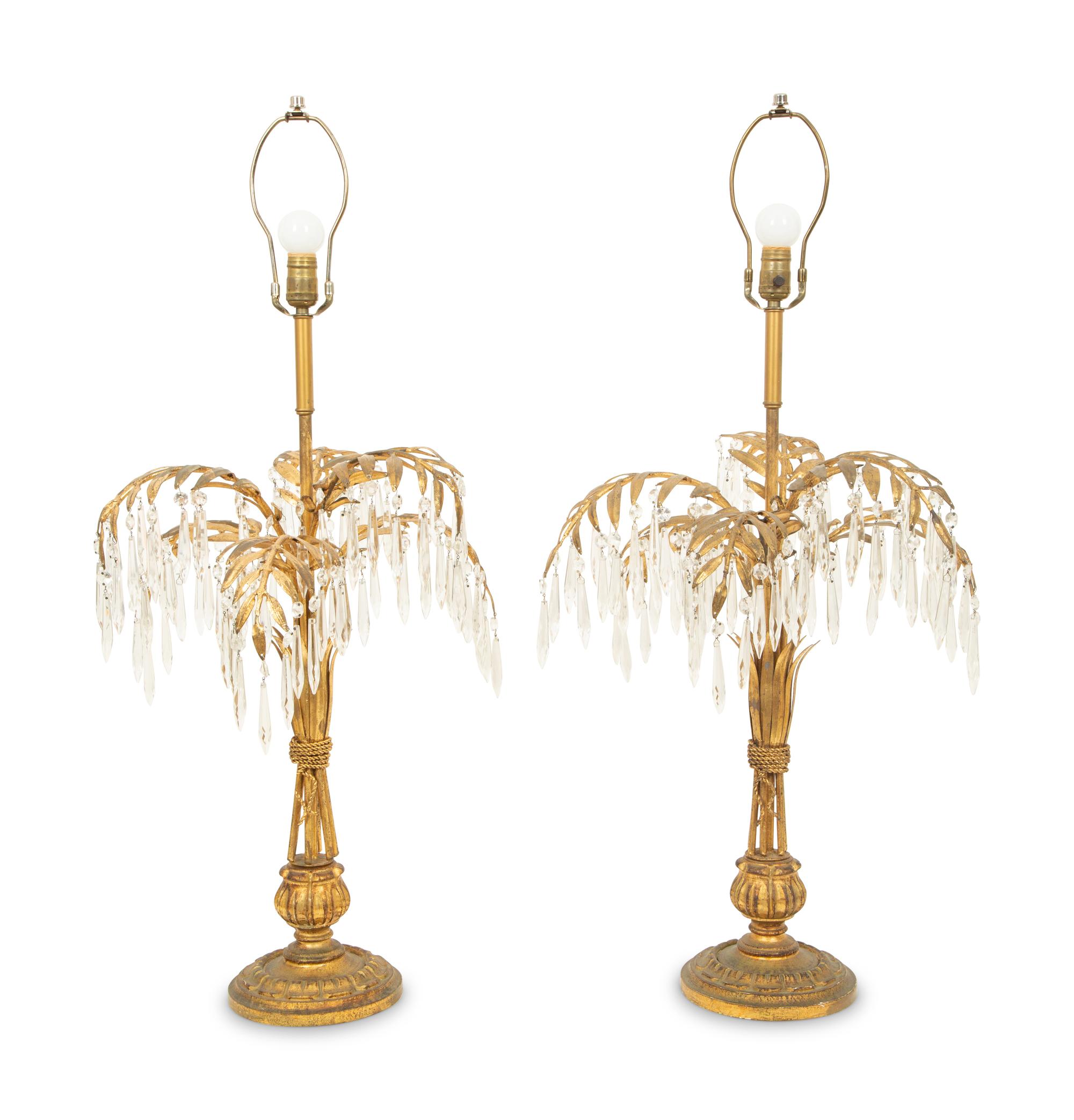 A Pair of Gilt Metal and Giltwood Palm Tree Lamps Hung with Faceted Prisms