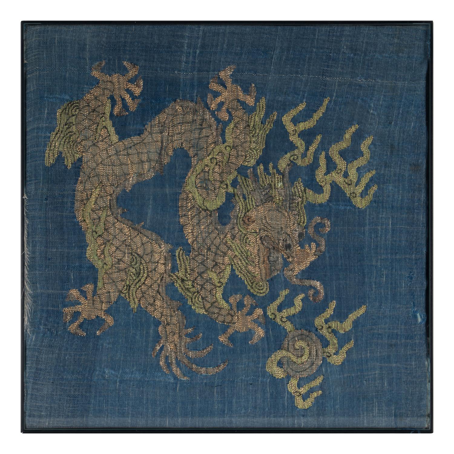 Three Chinese Silk 'Dragon' Panels, 19th-Early 20th Century 晚清-民國 捻金地龍紋綉片一對及藍地龍紋 緙絲一幅