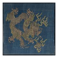 Three Chinese Silk 'Dragon' Panels, 19th-Early 20th Century 晚清-民國 捻金地龍紋綉片一對及藍地龍紋 緙絲一幅
