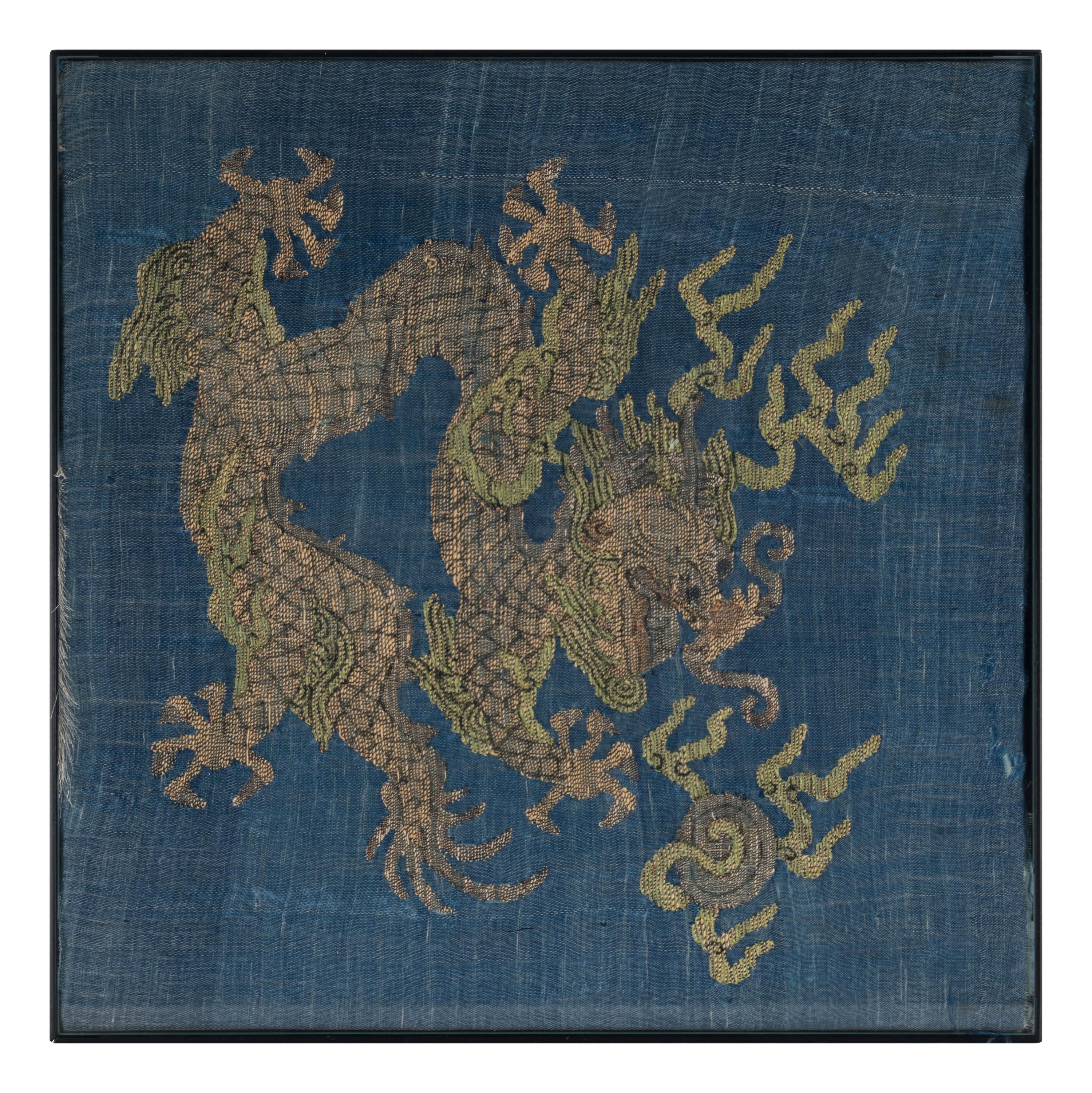 Three Chinese Silk 'Dragon' Panels, 19th-Early 20th Century 晚清-民國 捻金地龍紋綉片一對及藍地龍紋 緙絲一幅