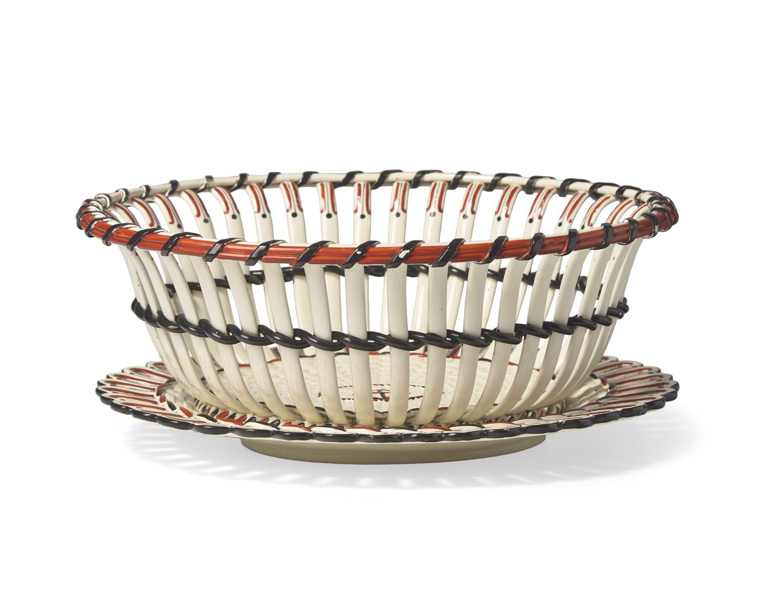A Wedgwood Enamel-Decorated Creamware Reticulated Basket and Stand