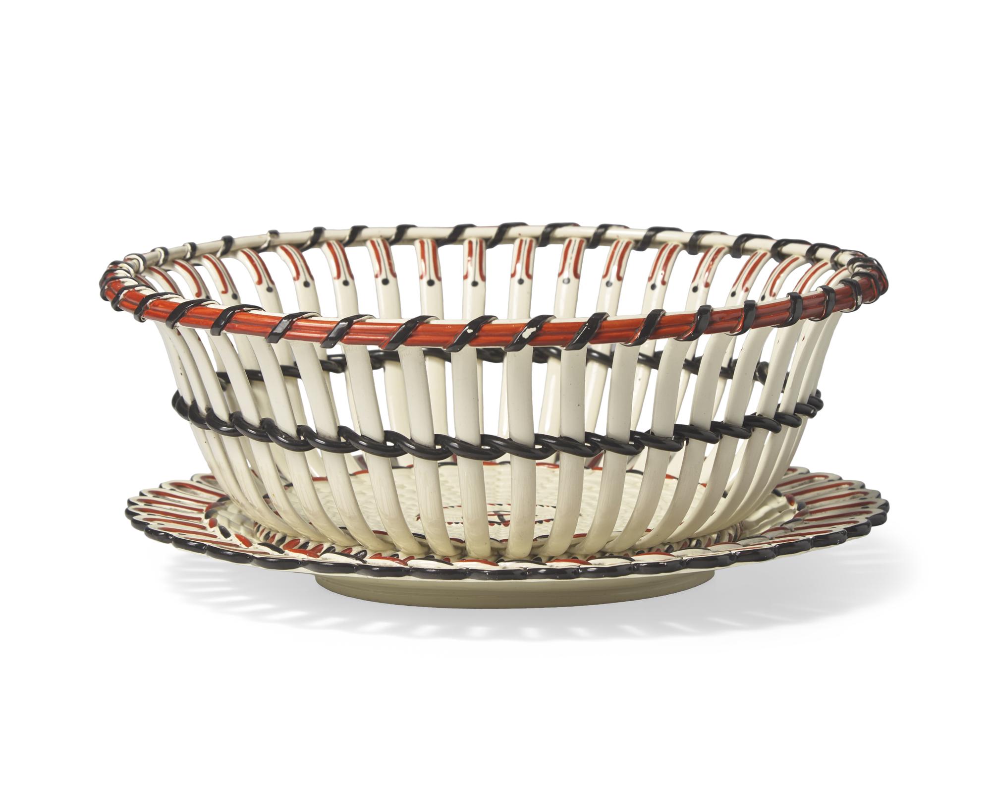 A Wedgwood Enamel-Decorated Creamware Reticulated Basket and Stand