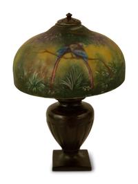A Handel Patinated Metal Table Lamp With Reverse-Painted Glass Shade