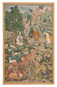 A Fine Painting After the Mogul Folio: King Bahram Gur Sees a Herd of Deer Mesmerized by Dilaram’s Music, North India, 20th Century