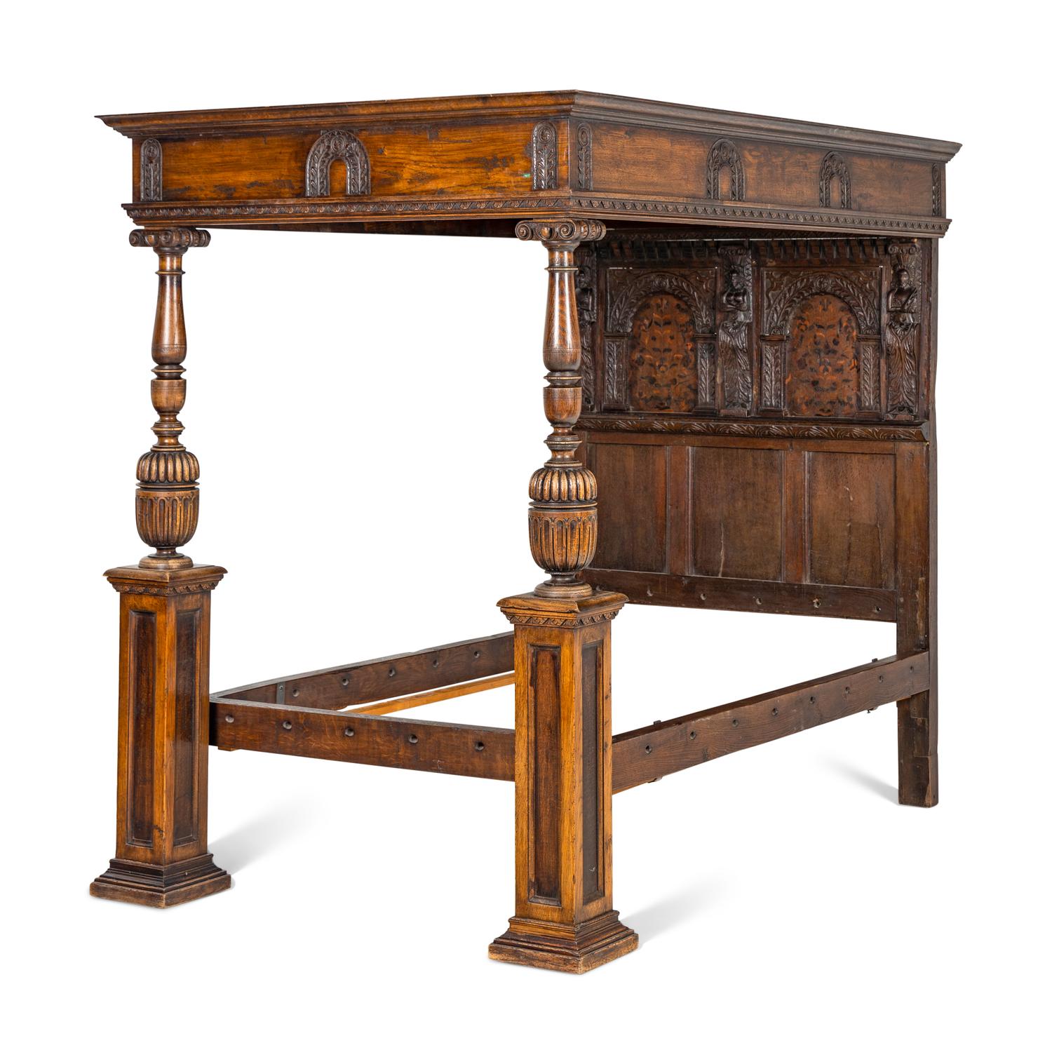 An English Oak and Marquetry Canopy Bed