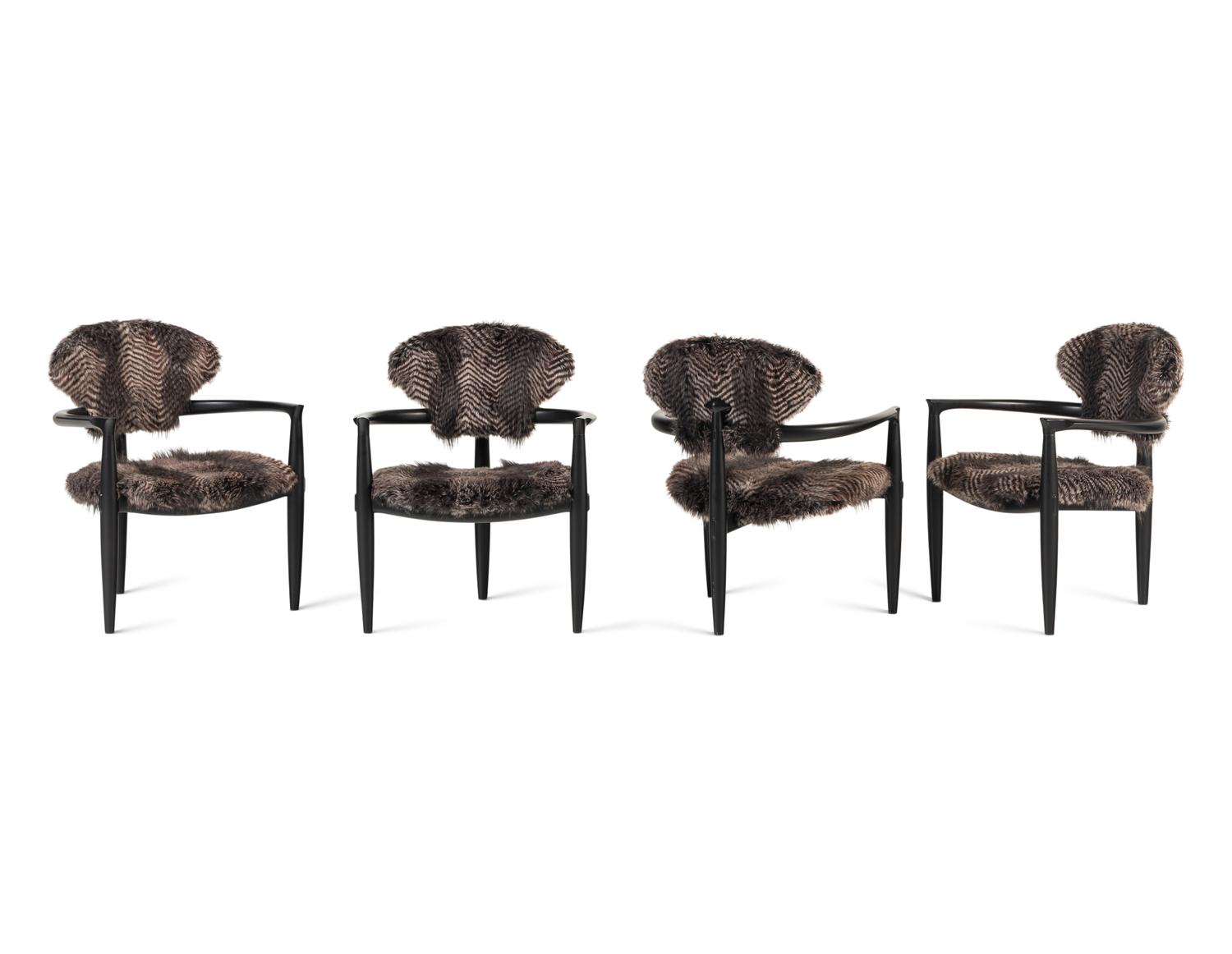 A Set of Four Faux Fur-Upholstered Ebonized Armchairs