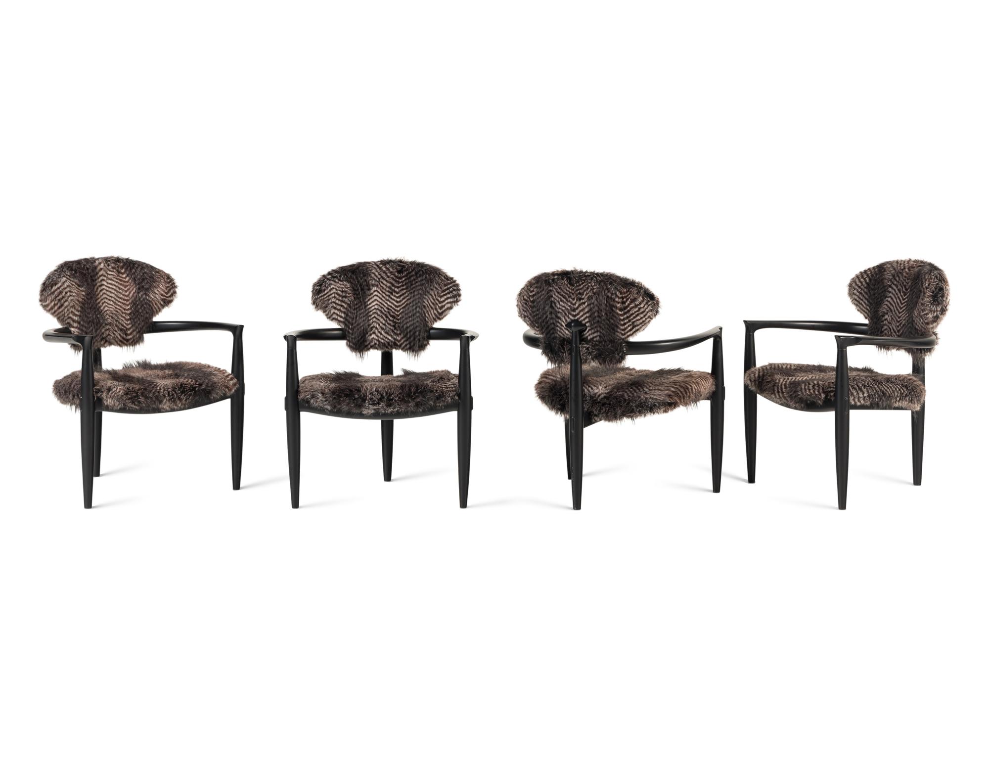 A Set of Four Faux Fur-Upholstered Ebonized Armchairs