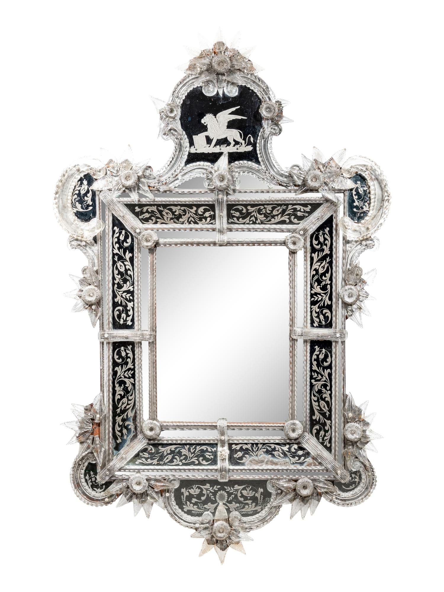 A Venetian Blown and Etched Glass Mirror