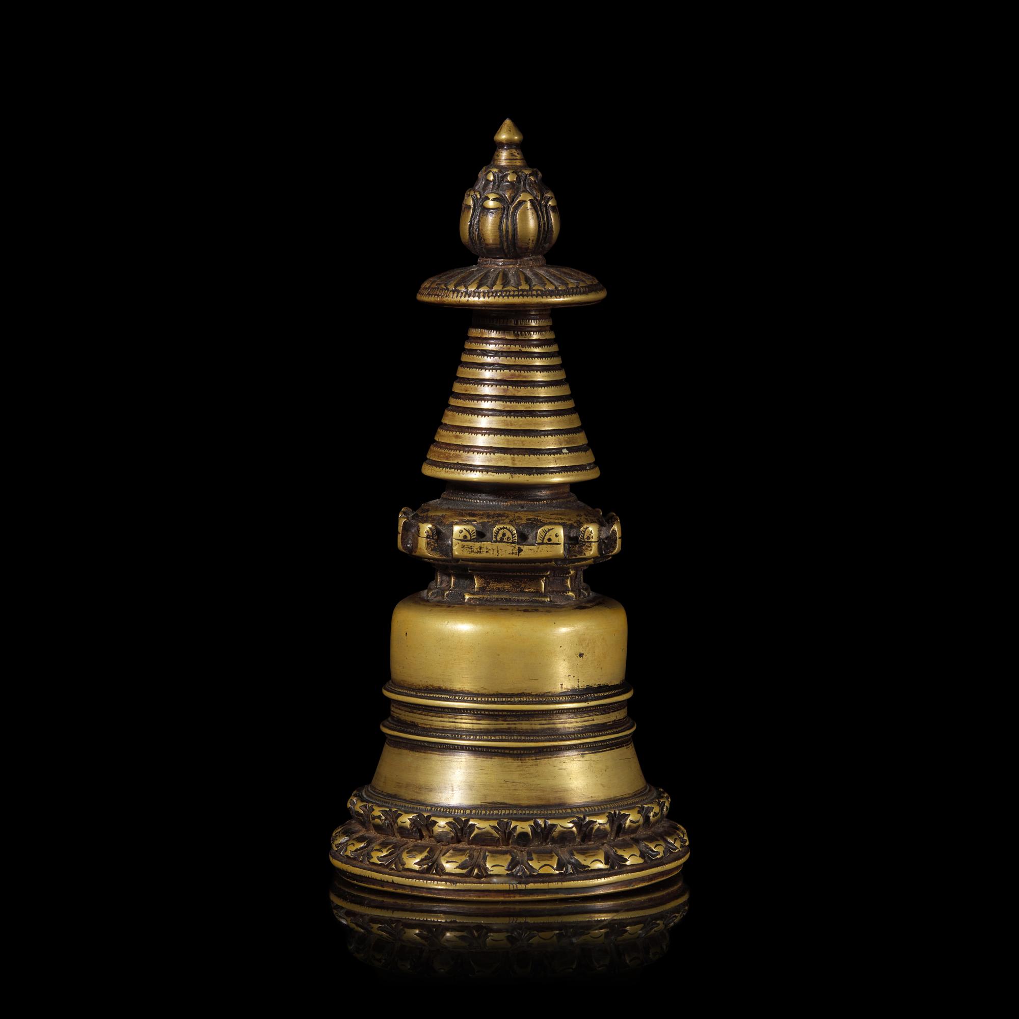 A Tibetan Bronze Model of a Stupa, 12th-14th Century 十二-十四世紀 銅舍利塔