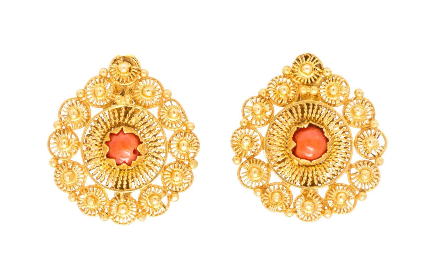A Pair of 18 Karat Yellow Gold and Coral Earclips, 3.00 dwts.