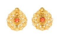 A Pair of 18 Karat Yellow Gold and Coral Earclips, 3.00 dwts.