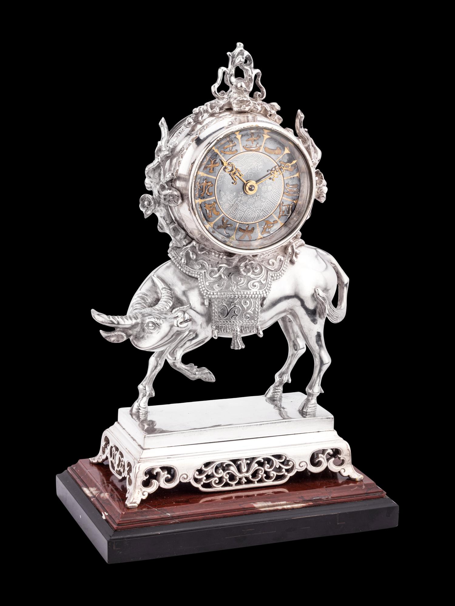 A Chinese Export Silvered Bronze Water Buffalo-Form Clock