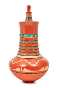Carved Redware Lidded Jar, with Turquoise and Heishi Beads