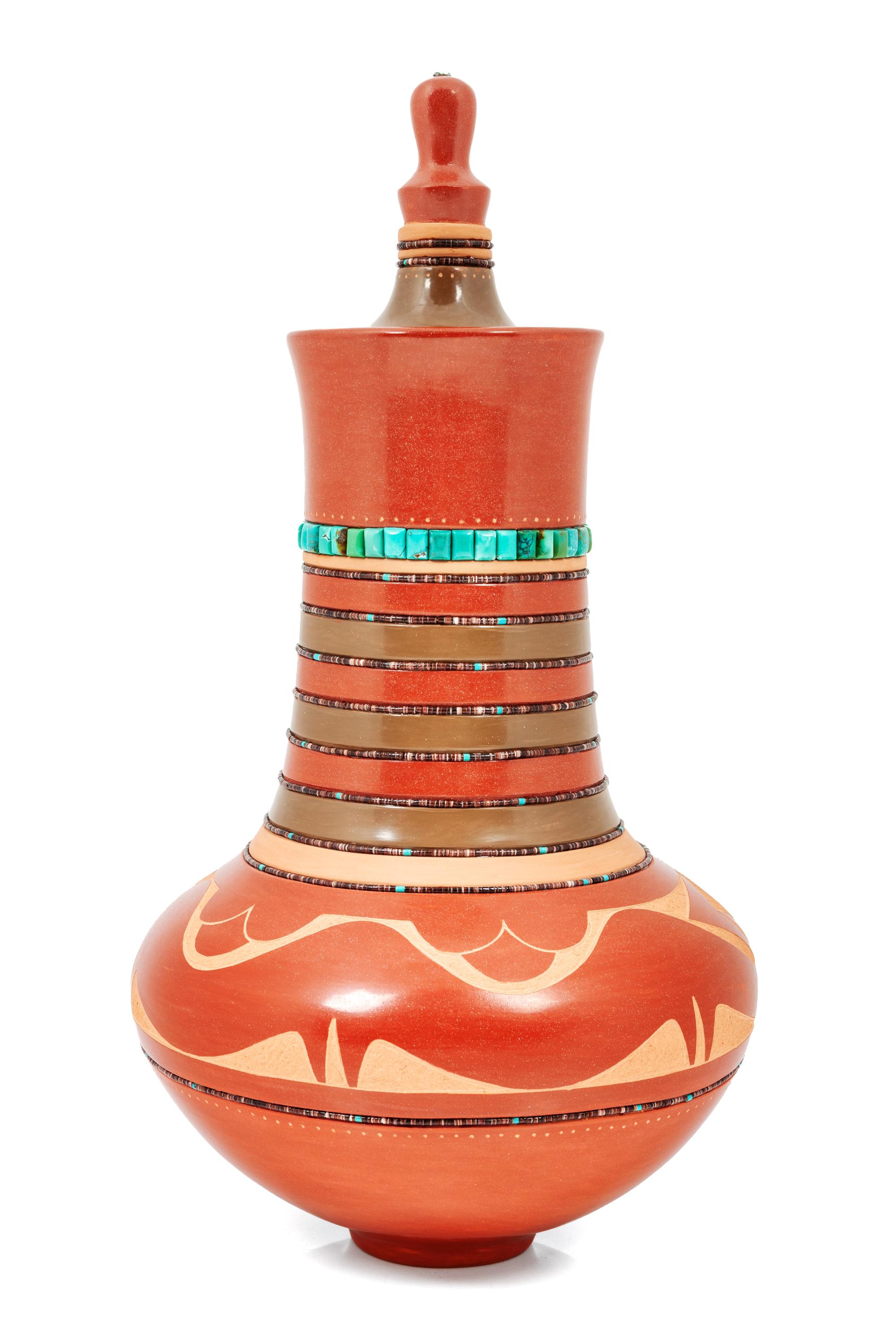 Carved Redware Lidded Jar, with Turquoise and Heishi Beads