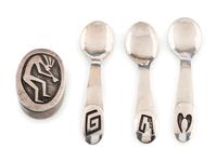 Group of Silver Overlay Salt Spoons AND Pill Bottle