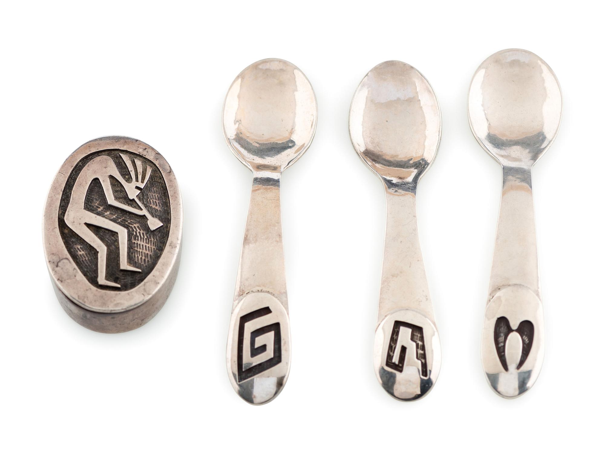 Group of Silver Overlay Salt Spoons AND Pill Bottle