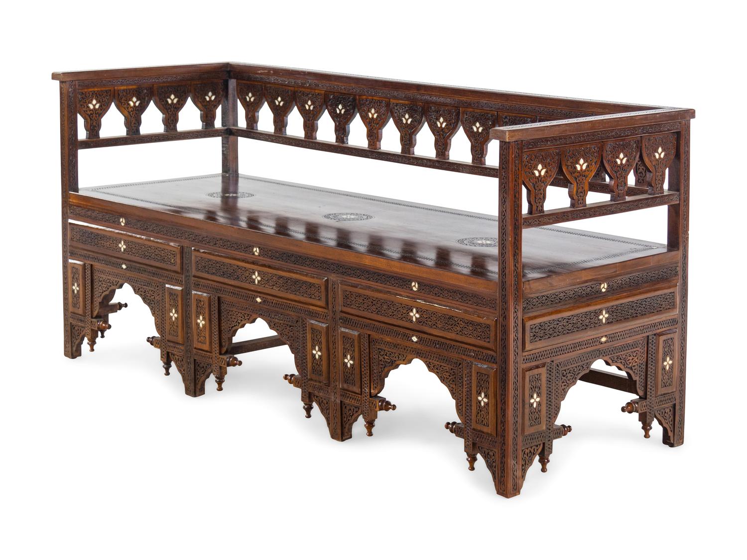 A Syrian Mother-of-Pearl Inlaid Walnut Bench