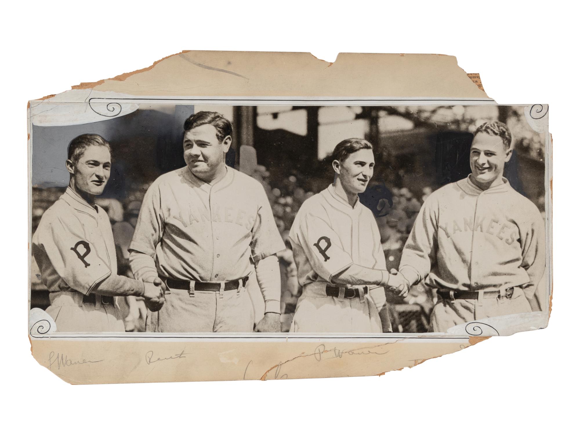 A Stunning 1927 World Series Lloyd Waner, Babe Ruth, Paul Waner and Lou Gehrig Type Three International Newsreel Photograph Published in Chicago American (PSA Authenticated)