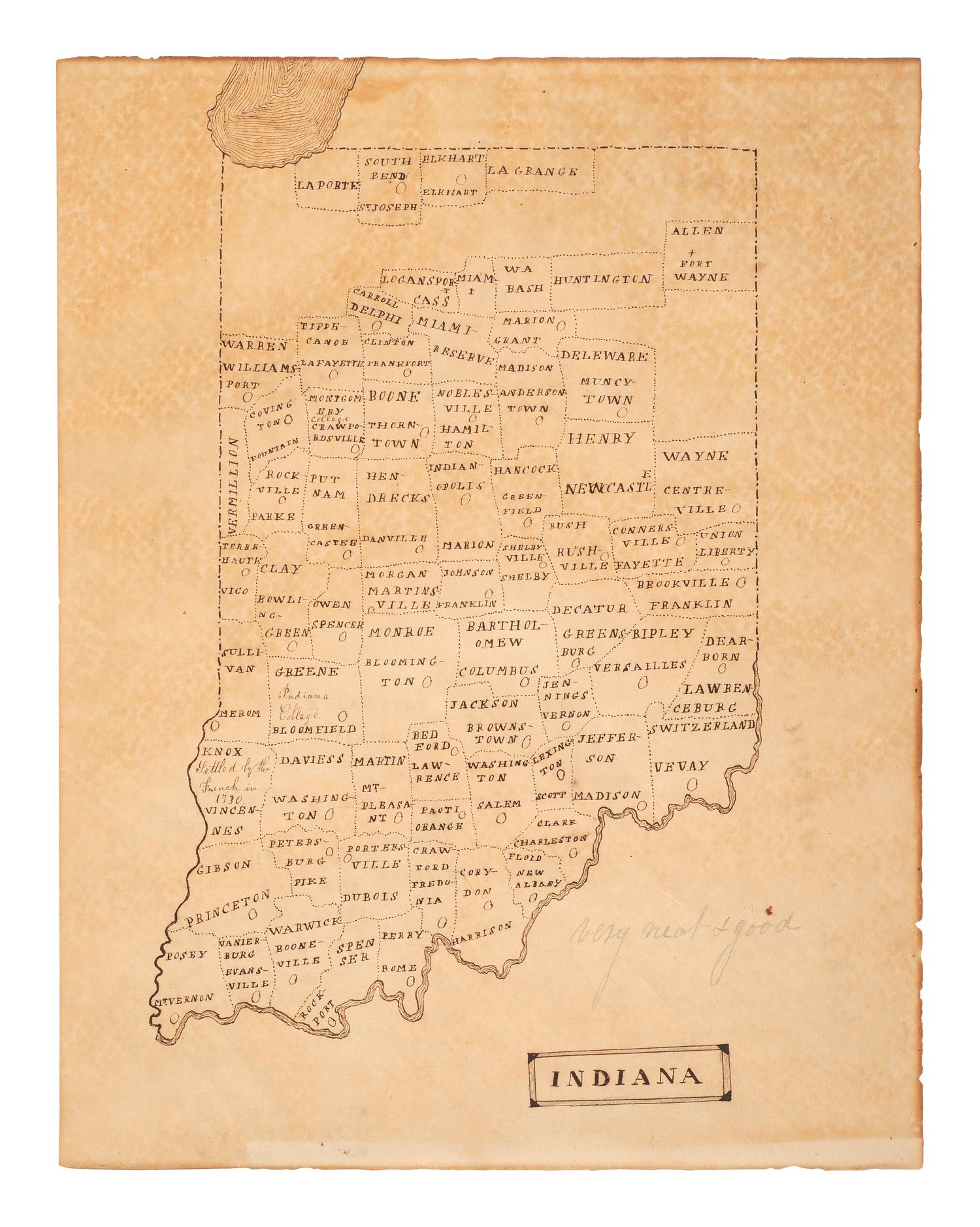 A Pen and Ink Hand-Drawn Student's Double-Sided Map of Michigan and Indiana