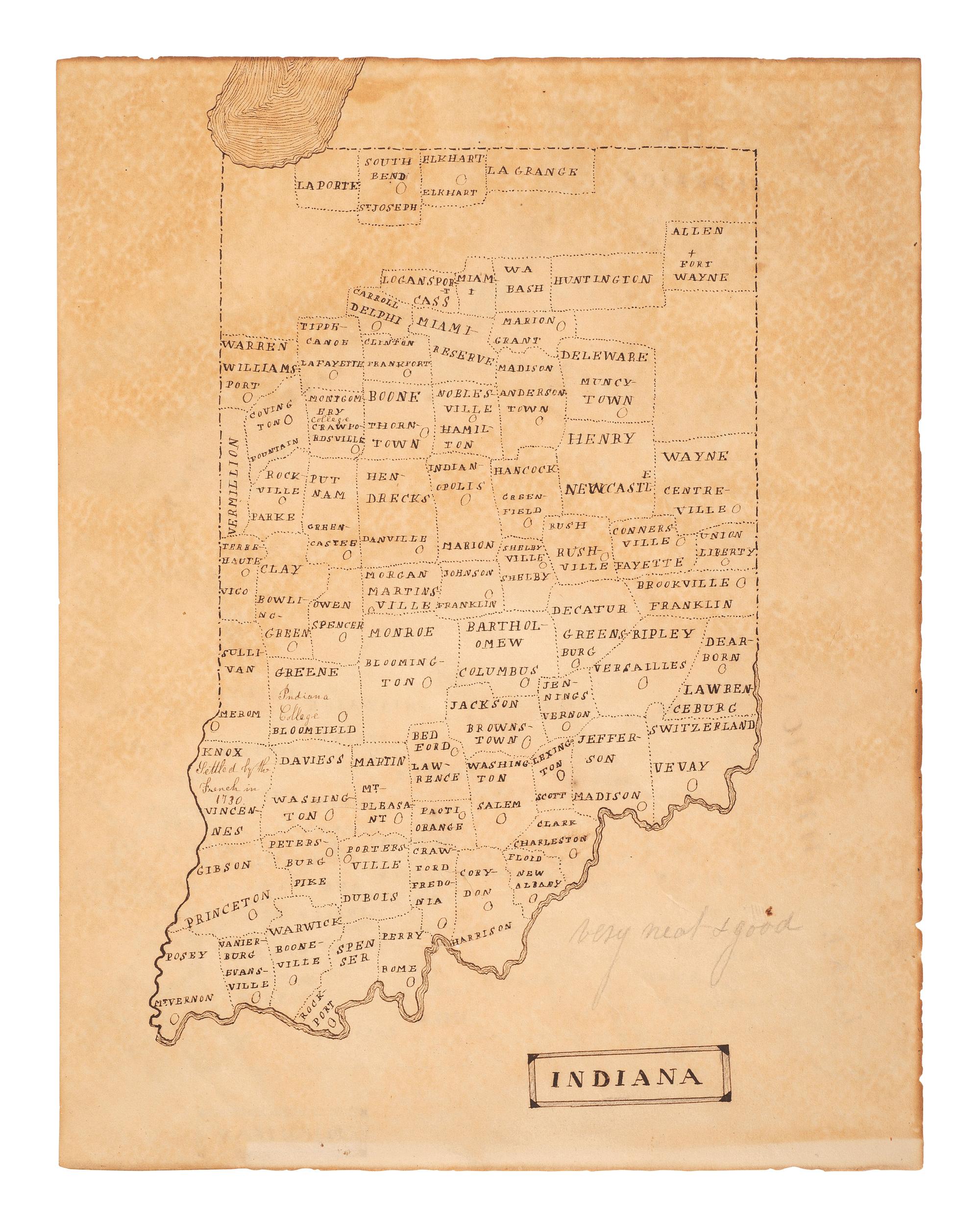 A Pen and Ink Hand-Drawn Student's Double-Sided Map of Michigan and Indiana