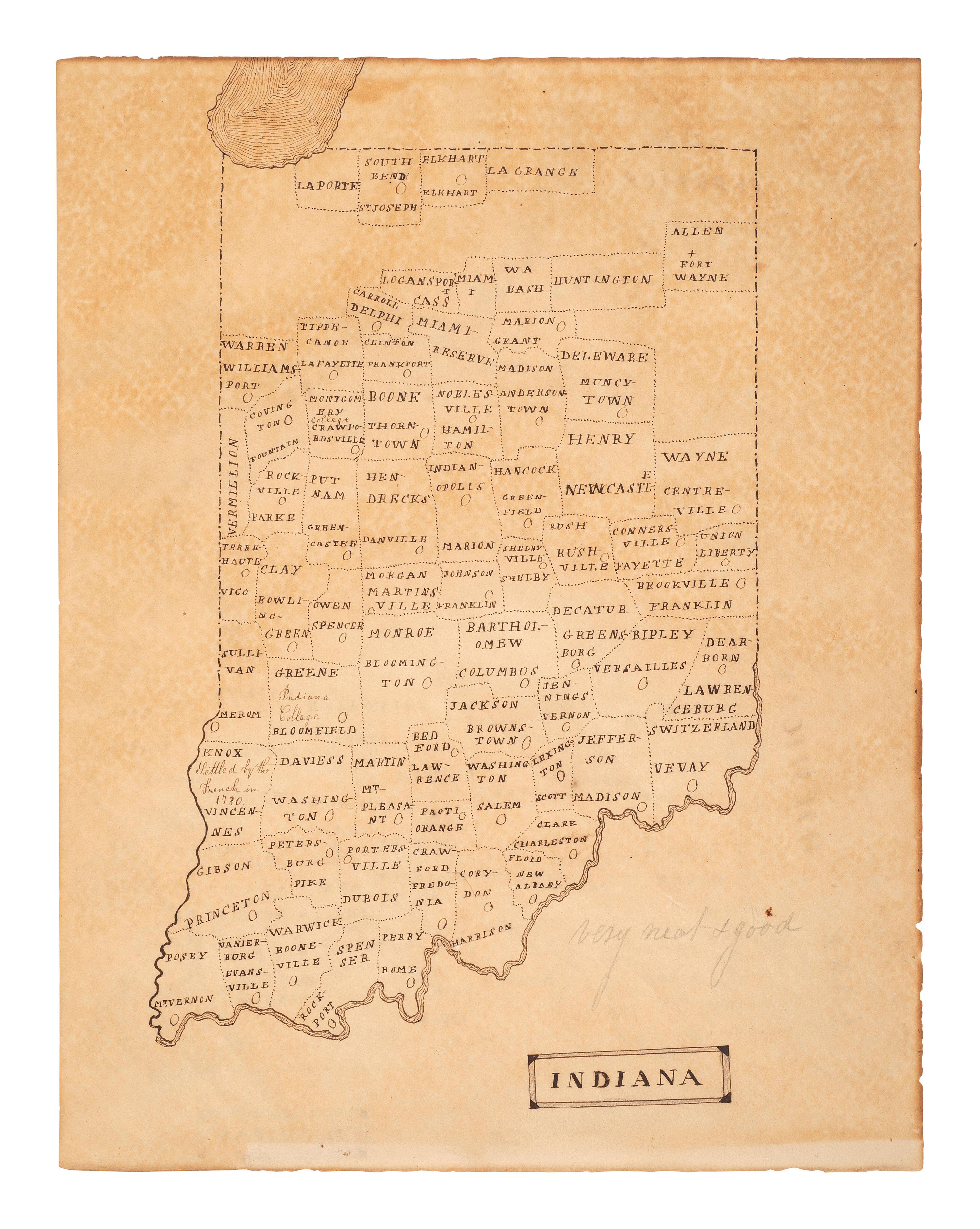 A Pen and Ink Hand-Drawn Student's Double-Sided Map of Michigan and Indiana