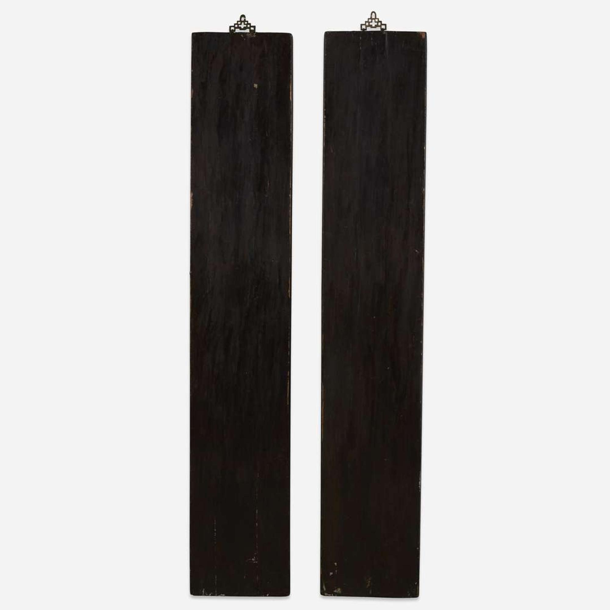 A pair of Chinese porcelain-inlaid rectangular lacquer calligraphy panels 嵌瓷木聯一對