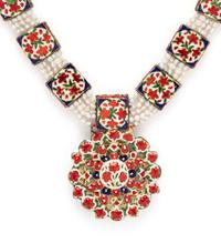 CULTURED PEARL, TURQUOISE AND ENAMEL NECKLACE