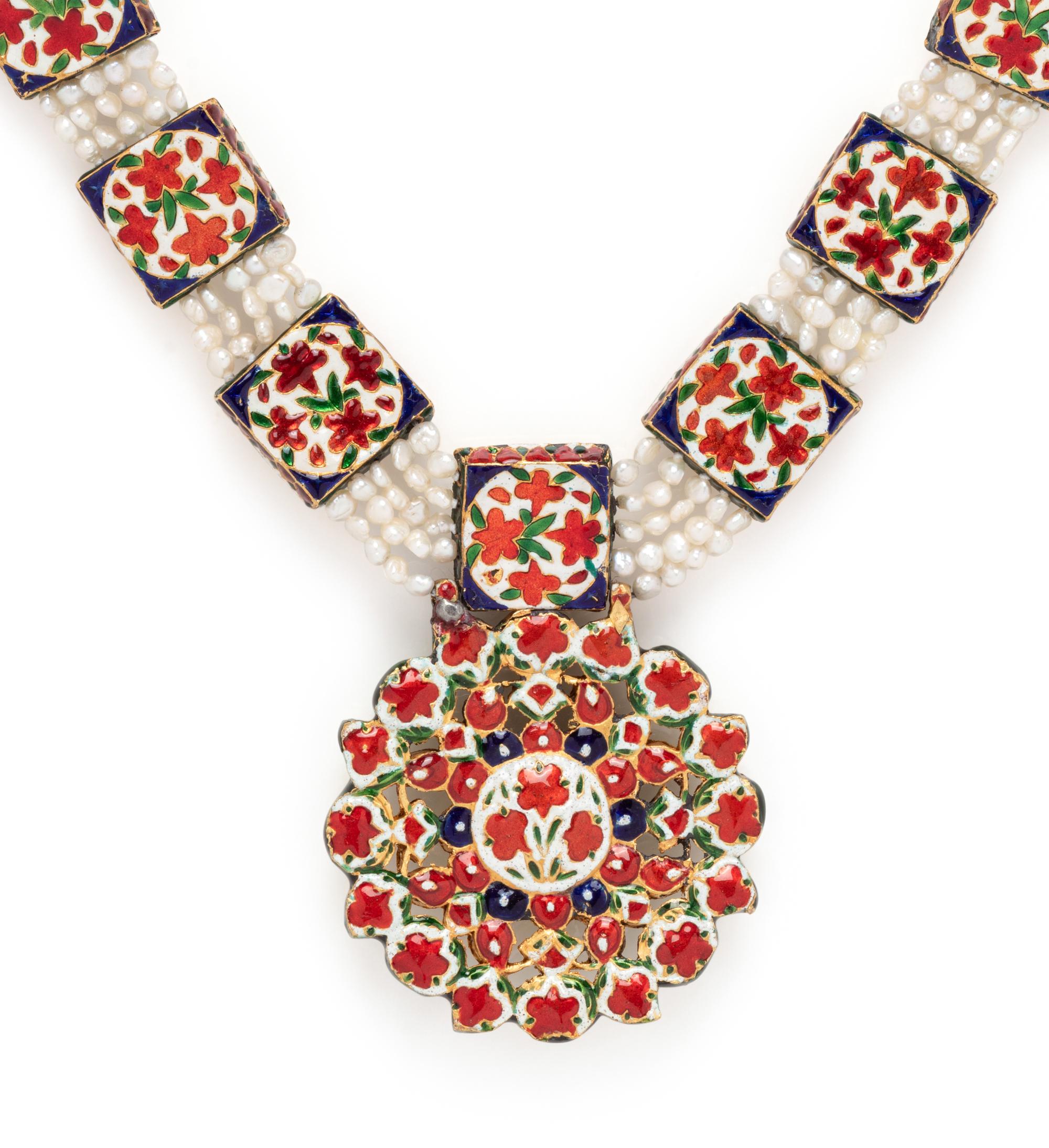 CULTURED PEARL, TURQUOISE AND ENAMEL NECKLACE