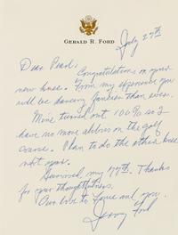 FORD, Gerald (1913-2006). Autograph letter signed ("Jerry Ford"), to Pearl [Bailey]. N.p., 27 July 1980.