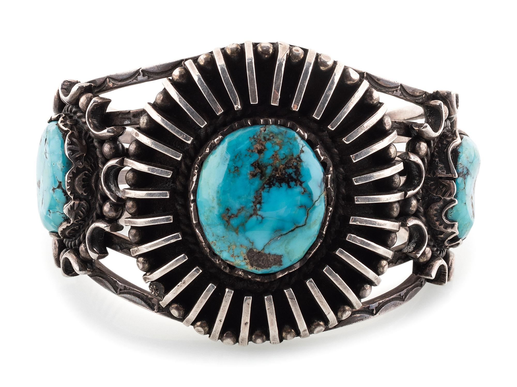 Heavily Stamped Silver and Morenci Turquoise Cuff Bracelet