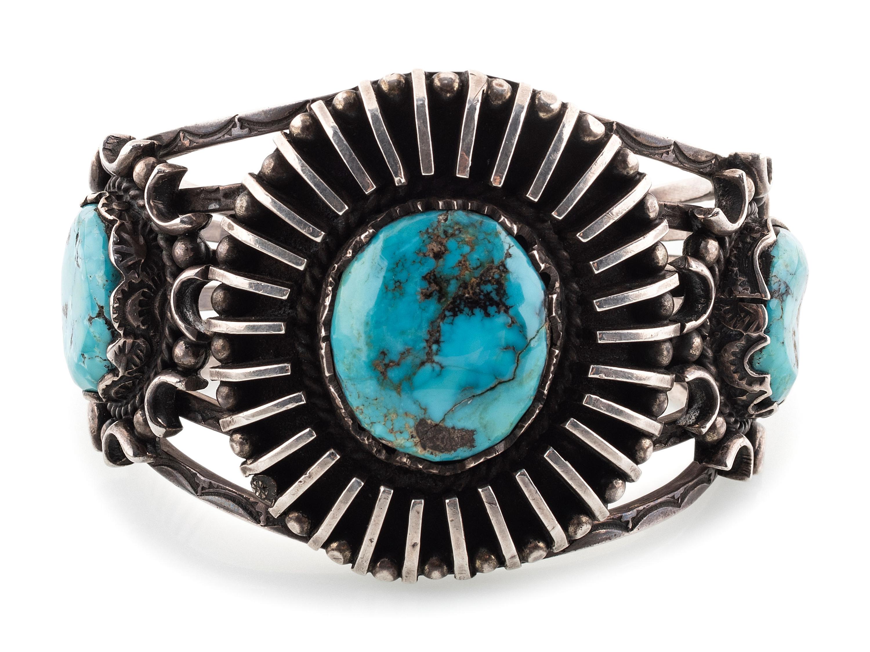 Heavily Stamped Silver and Morenci Turquoise Cuff Bracelet