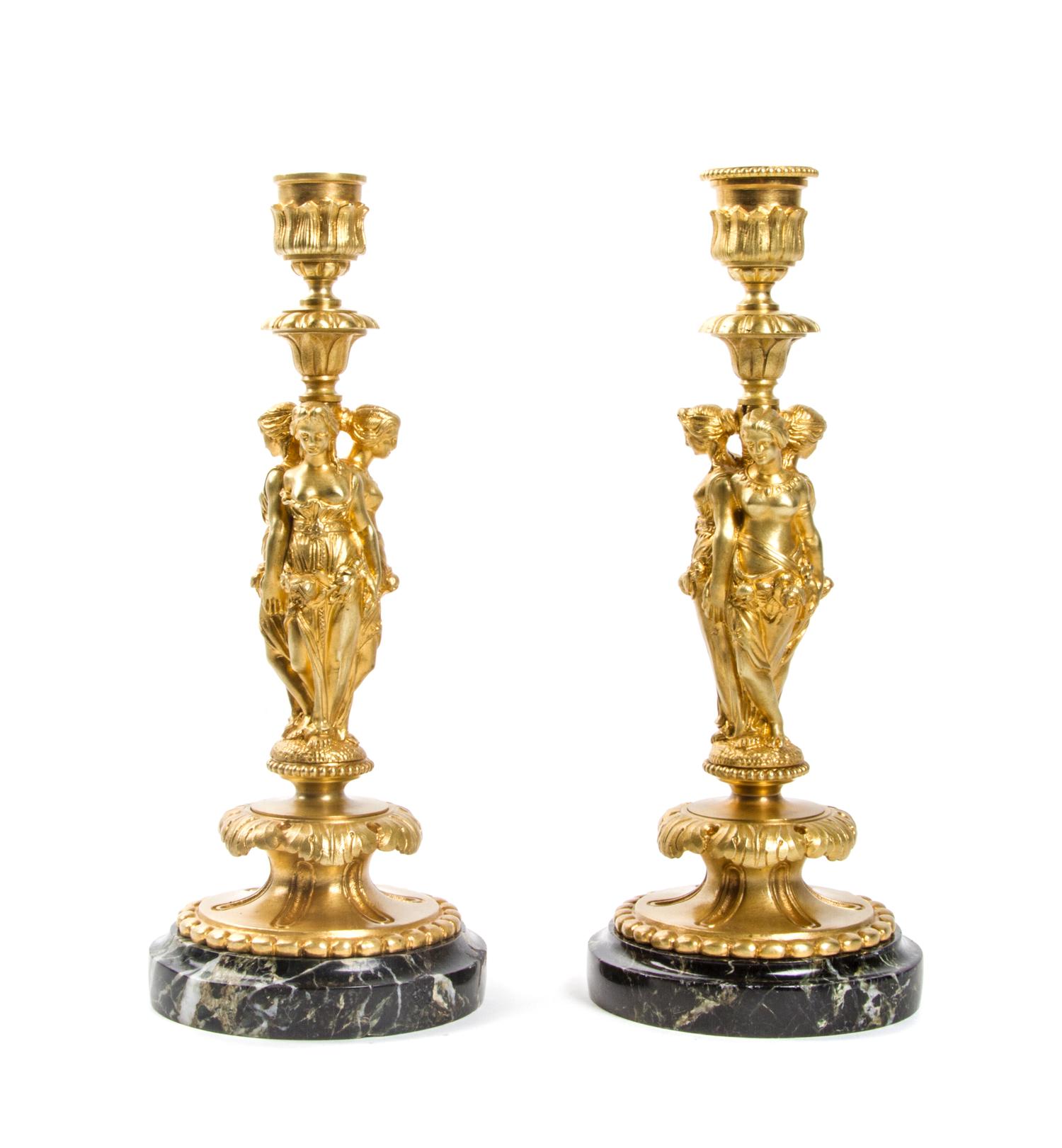 A Pair of Neoclassical Gilt Bronze Candlesticks, Height 10 inches.