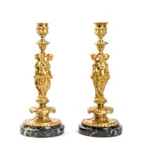 A Pair of Neoclassical Gilt Bronze Candlesticks, Height 10 inches.