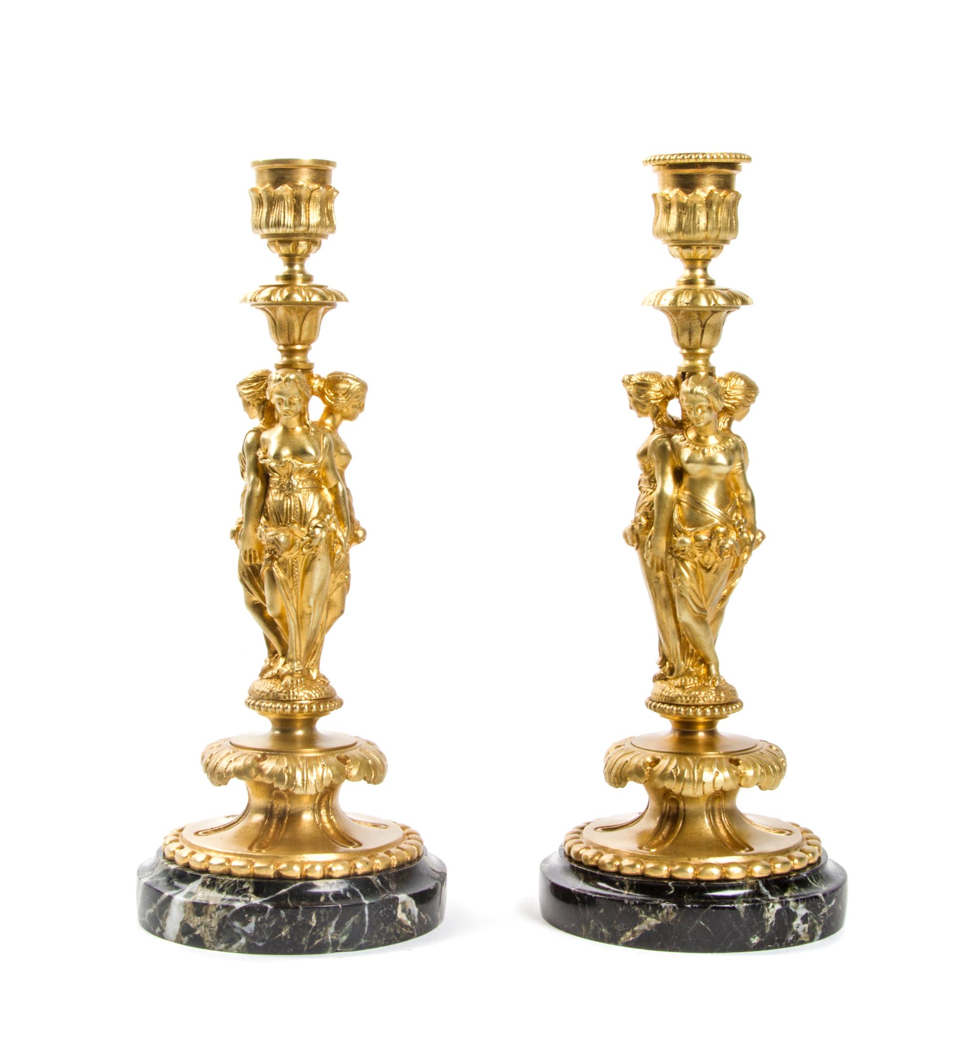 A Pair of Neoclassical Gilt Bronze Candlesticks, Height 10 inches.